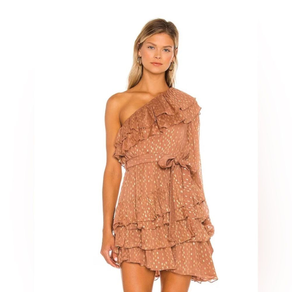 Rococo sand aine mini dress one shoulder ruffle shimmer metallic coquette new sm
